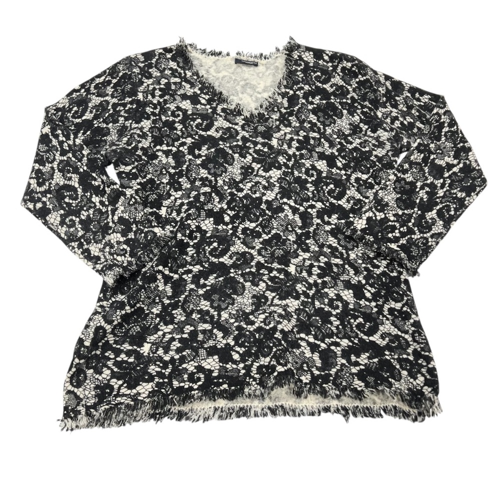 Magaschoni | Cashmere Floral V-Neck Pullover Fringe Hem Sweater